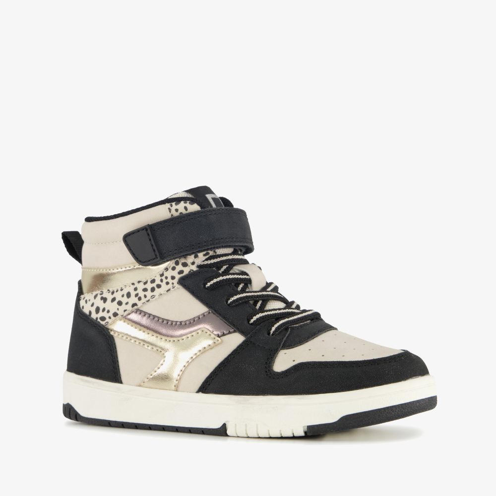 Blue Box hoge meisjes sneakers met panterprint details zwart beige