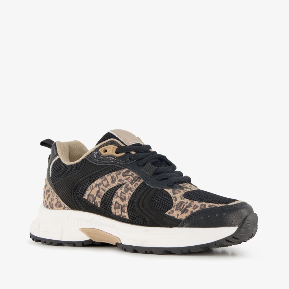 Blue Box meisjes sneakers met panterprint details zwart bruin