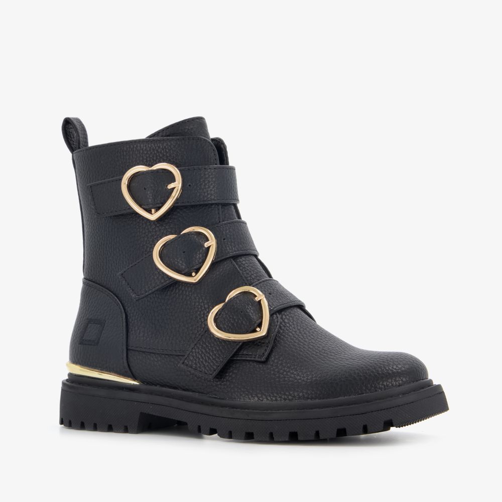 Blue Box meisjes biker boots zwart met hartjes gespen