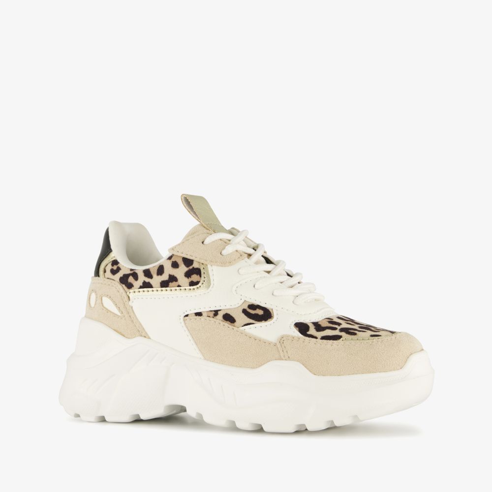 Blue Box meisjes dad sneakers met panterprint details beige