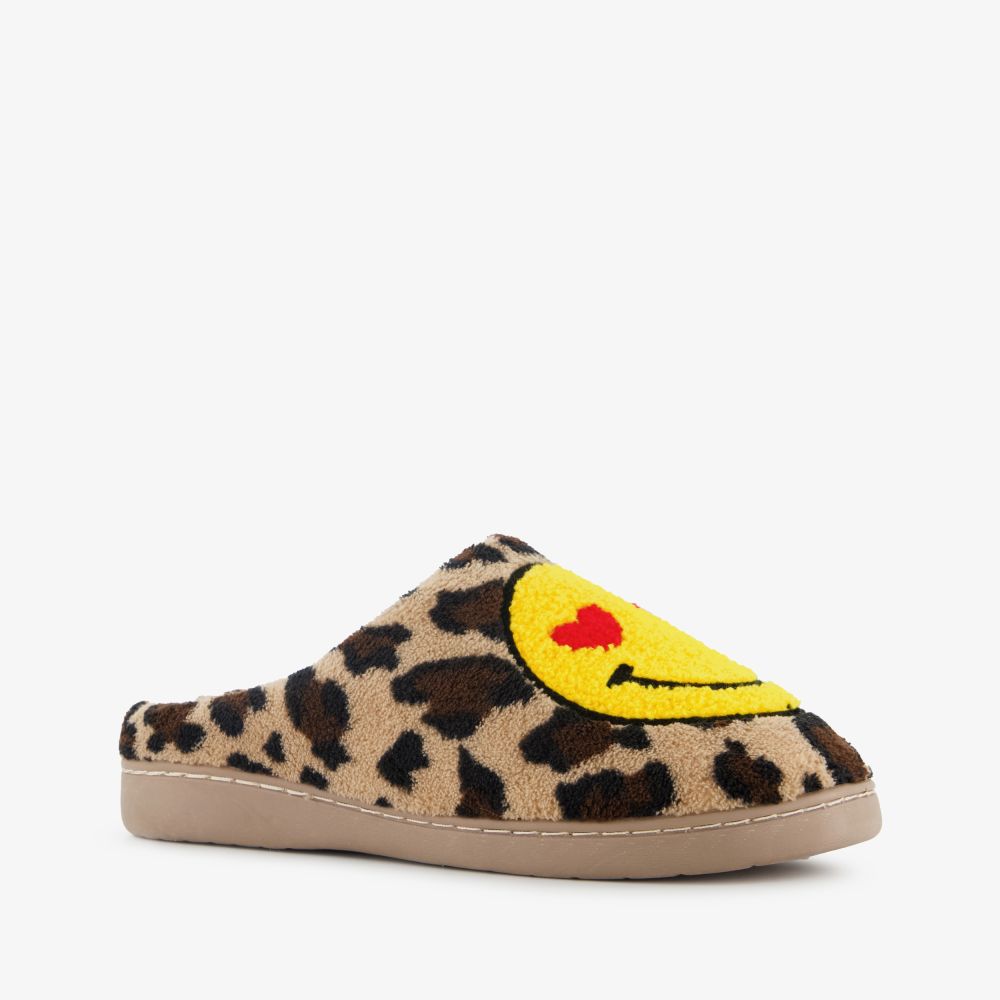 Thu!s dames instap pantoffels met panterprint en een smiley bruin