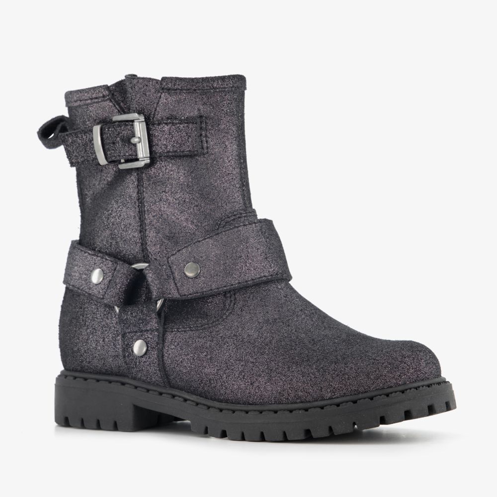 Stap leren meisjes biker boots met glitters zwart