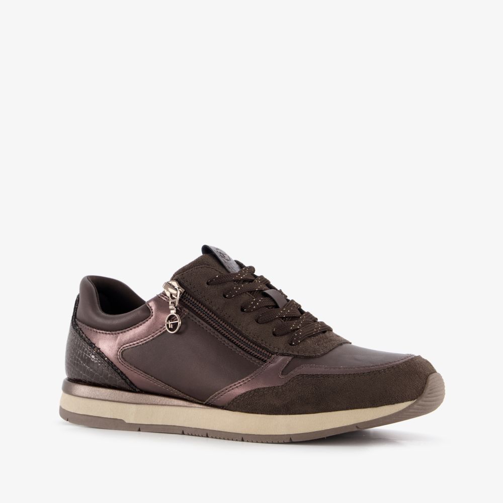 Tamaris leren dames sneakers met rits bruin