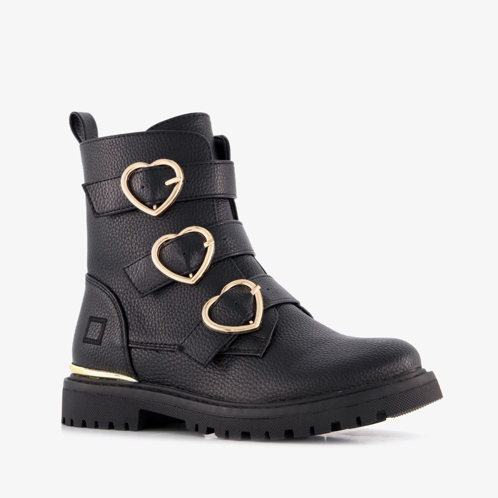 Blue Box meisjes biker boots zwart met hartjes gespen