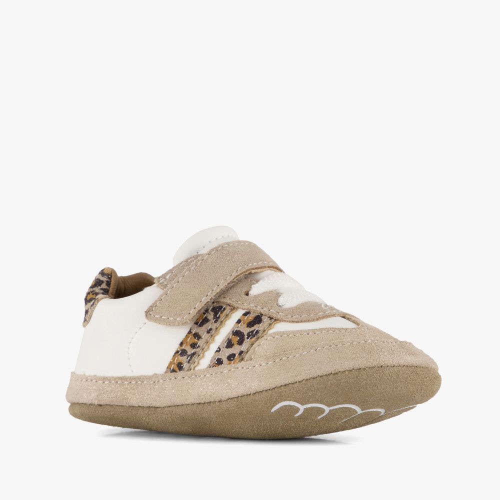 Groot suède babyschoenen met panterprint details beige